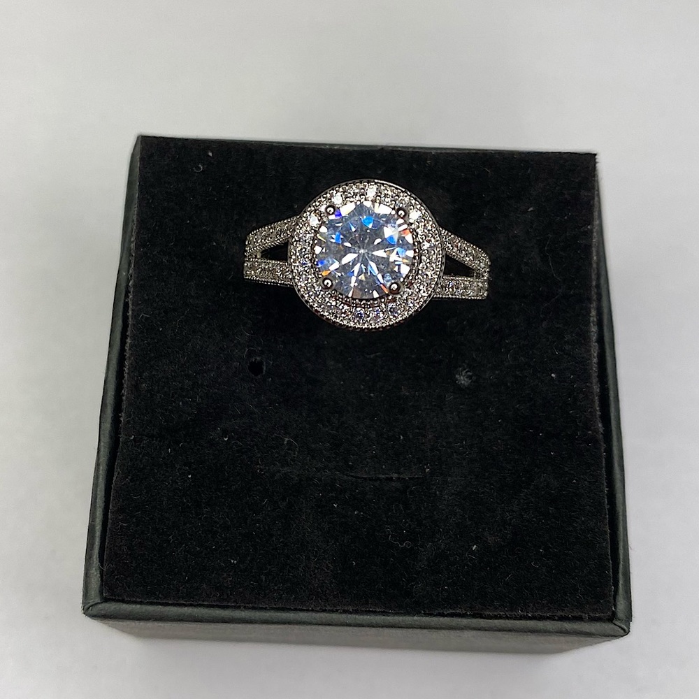 Silver Moissanite Solitaire Micro Pave Ring - Picture 3 of 8